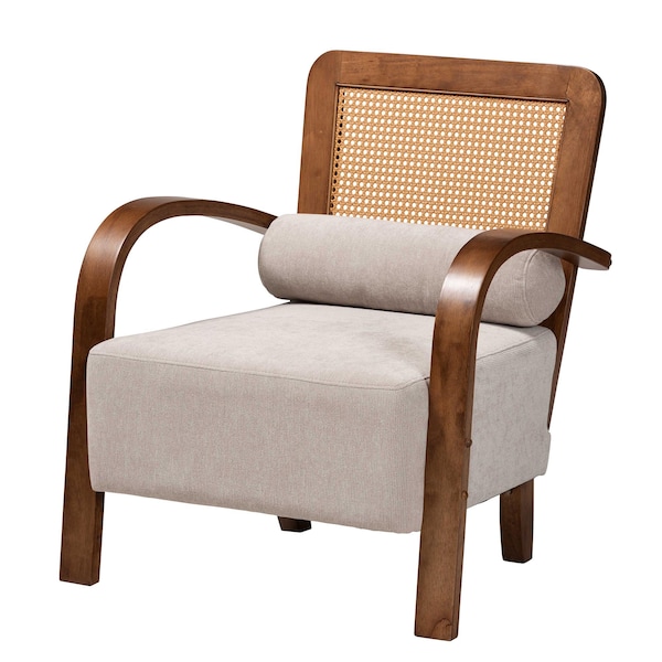 Baxton Studio Sage Modern Japandi Light Grey Fabric and Walnut Brown Finished Wood Arm Chair with Woven Rattan 242-13560-ZORO - main